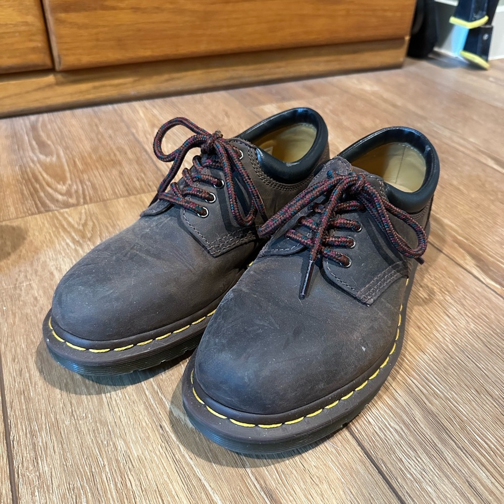 Dr. Martens Brown Leather Lace-Up Shoes with Yellow Stitching